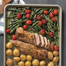 Sheet Pan Pork Potatoes And Vegetables Paula Deen Magazine Recipe Meat Dinners Pork Recipes Cooking Meat