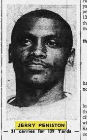 IN THE HUDDLE. From Percival County High's '61 championship￼-winning  sesson. Our backfield: > Right to left: Nick Kostiak, halfback #75, Bill  Baker, fullback,with the extra guard over the eyes, #92, Gary Poisson,