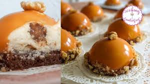 Walnut Caramel Mousse Cakes Mousse Domes With Caramelized Walnuts And Caramel Mirror Glaze Caramelized Walnuts Caramel Mousse Pumpkin Chocolate Cheesecake
