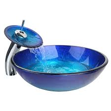 modern blue glass bathroom vessel sink
