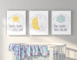 Twinkle Twinkle Little Star Wall Art Set Of 3 Moon Star Etsy Stars Nursery Decor Moon Stars Nursery Star Wall Art