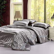 Luxury comforter set features technique style pleating on this designer looking bedding set. Silver Grey Satin Bedding Satin Bedding Matching Bedding And Curtains Bed Linens Luxury
