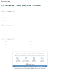 Quiz Worksheet Celsius Fahrenheit Conversions Study Com
