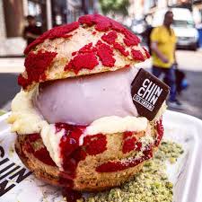 Giant Profiterole Style Choux Bun Sandwich Stuffed W Vegan Violet Ice Cream Pistachio Cardamom Powder Olive Oil Creme Pat Rasp Food Choux Buns Food Spot