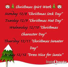 Austintown fitch will hold their 4th annual christmas themed spirit week, five days of christmas, december 17th through the 21st. Themes School Spirit Week School Spirit Days Holiday Spirit Week