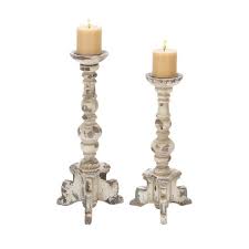 Wooden candlestick holder set (2) pillar candle holder. Litton Lane White Wood Vintage Candle Holder Set Of 2 20408 The Home Depot