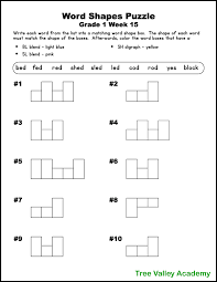 A printable worksheet designed to teach beginning blends bl. 1st Grade Word Shape Puzzles Weeks 13 16 Tree Valley Academy