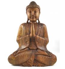 The buddha is seated on a lotus throne. Large Wooden Buddha Sitting With Hands Clasped Atmanjali Mudra 50cm