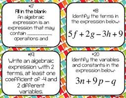 Algebraic Expression Vocabulary Task Cards Algebraic Expressions Vocabulary Vocabulary Task Cards Math Expressions