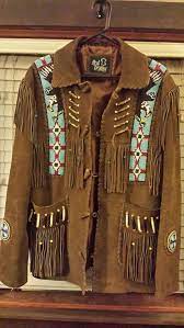 Mens Brown Leather Mountain Man Native Fringe Jacket Coat Vest Indian Seed Beads Mountain Man Clothing Leather Jacket Style Native American Clothing