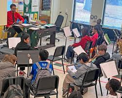 When Salem Church Elementary fifth graders were studying sound, they spent  time with Salem Church Middle band and chorus classes. The elementary  students observed and measured sound waves with virtual oscilloscopes —