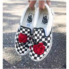Checkered Slip On Vans Rose Embroidery Shoes Sale Code Inside 94 Liked On Polyvore Featuring Shoes Checkered Shoes Embroidery Shoes Black Slip On Shoes