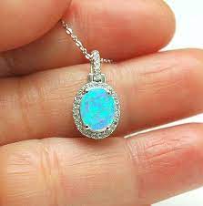 Opal Necklace Oval Halo Light Blue Fire Opal Pendant October Birthstone Necklace Silver Diamond Accent Necklace Opal Gemstone Pendant Opal Necklace October Birthstone Necklace Opal Pendants