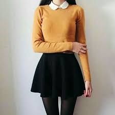 Yellow Top With White Peter Pan Collar And Black Skirt With Tights Outfit Fashion Outfits Clothes Fall Outfits