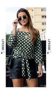 Camisa De Poa Feminina Como Usar Lifeside Moda Feminina Outono Inverno Blusa Polka Dot Poa Bolinhas Fundo Verde Oliva Com Decote Ombro A Ombro E Amarr Moda Feminina Moda Blusas Femininas