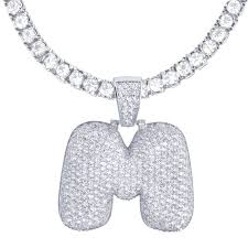 M Initial Bubble Letters Silver Plated Iced Out Pendant 24 Inch Tennis Move the letters around to overlap or not.
