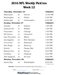 Printable Week 12 Nfl Schedule Pick Em Sheets Nfl Pick Em Nfl Week