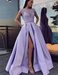2019 Jewel Cap Sleeves Lavender Satin Evening Prom Dresses With Beading Split Typ1512 Lilac Prom Dresses Long Prom Dresses Uk Lavender Prom Dresses
