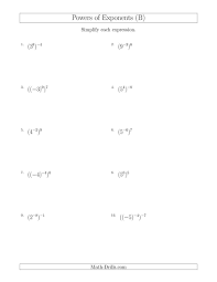 The Powers Of Exponents With Negatives B Math Worksheet From The Algebra Worksheets Page At Math Dri Algebra Worksheets 7th Grade Math Worksheets Exponents