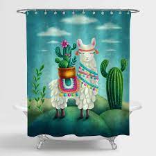 The charming colors combined with the playful sequence of llamas, cactus plants and this shower curtain could even work in a guest bathroom or college apartment. Amazon Com Mitovilla Cartoon Llama With Cactus Shower Curtain For Bathroom Decor Mexican Wild Animal Alpaca With Succulent Plant Artwork Bathroom Accessories Llama Gifts For Girls And Women Green 72 W X 72