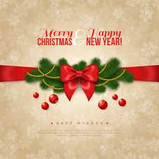 Don't forget to ring in the new year with new year's cards or year in review cards. Happy New Year And Merry Christmas Greeting Card Design Vector Illustration Red Silk Bow With Pine Tree Branches Golden Garlands And Balls Smooth Beige Backdrop With Snowflakes Season Greetings Royalty Free Cliparts