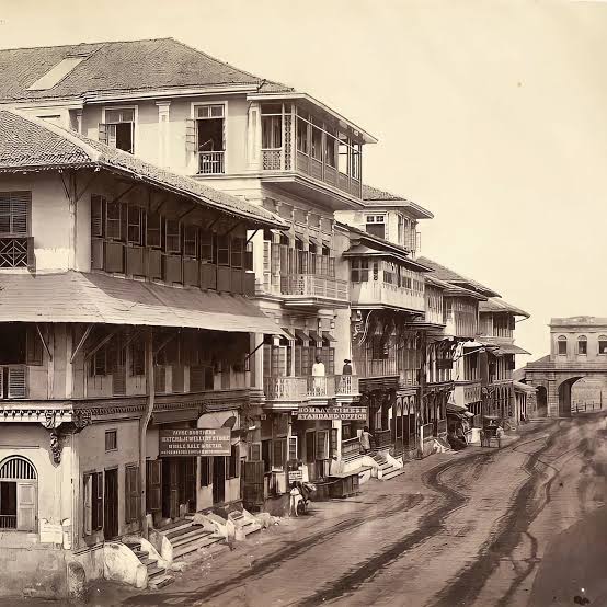 1860 India, Maharashtra, Bombay (Mumbai). The interior of the old Fort, Bombay. Church Gate Street. Photographer unknown. Restored Image.
