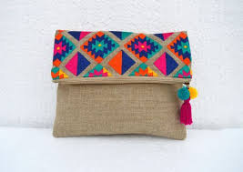 Boho Pouch Linen Bag Kilim Pattern Moroccan Foldover Clutch Embroidered 10x8 Inches Linen Bag Embroidery Bags Boho Bag