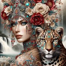 Divine Couture: The Leopard Queen Prompt: A stunning fashion illustration  of a majestic jeweled leopard with turquoise-gold markings and glowing  amber eyes. Behind it, an elegant woman wearing an ornate headdress