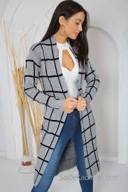 2019 Uzun Hirka Modelleri Siyah Gri Ekose Desenli Moda Stilleri Ekose Kazak Elbise