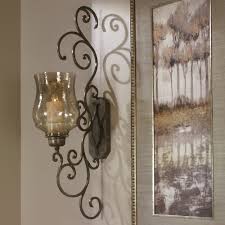 Large hurricane candle sconce in antiqued bronze finish. 39 Amber Glass Metal Curl Wall Sconce With Candle Overstock 29123975