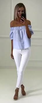 Blue Striped Off The Shoulder Top With White Jeans Fashion Clothes For Women Spring Outfits
