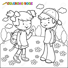 Fairy tail coloring pages boy and girl (image info: Black And White Outline Image Of A Girl And A Boy Students Coloring Book Page Royalty Free Cliparts Vectors And Stock Illustration Image 58659058
