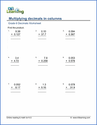 Decimal addition worksheets include addition of two or three decimals either in column or horizontal form with different place values. Grade 6 Math Worksheets Multiplication Of Decimals In Columns K5 Learning