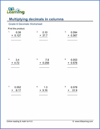 These worksheets explain how to multiply and compare decimals, how to place decimal points, and how to scale using decimals. Grade 6 Math Worksheets Multiplication Of Decimals In Columns K5 Learning