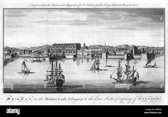 Bombay, East India Company of England's port on the Malabar Coast of India, with Company trading vessels in the foreground and quayside warehouses and buildings behind. Copperplate engraving, London, 1755 Stock Photo -