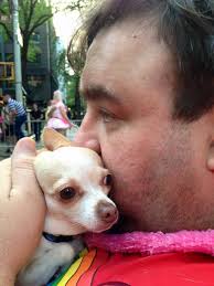 Happy dog celebrating at city Pride parade
