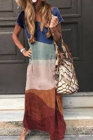 Gradient Color Block V Neck Maxi Dress In 2020 Short Sleeve Maxi Dresses Maxi Dresses Casual Maxi Dress With Sleeves