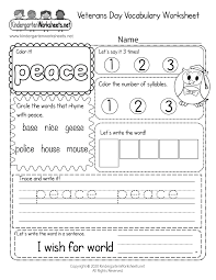 veterans day vocabulary worksheet for kindergarten peace