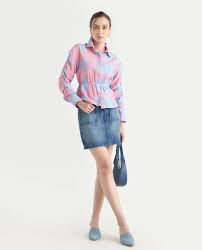 Rareism Women's Kulda Light Blue Nylon Blend Spread Collar Flannel Pri