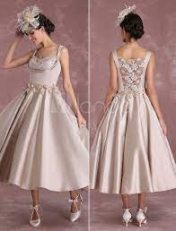 Brautkleider Vintage Prinzessin Champagner Mit Carmenausschnitt Satingewebe Armellos Wadenlang Hochzeit Naturliche Taillenlinie Blush Bridal Gowns Short Bridal Gown Lace Wedding Dress Vintage