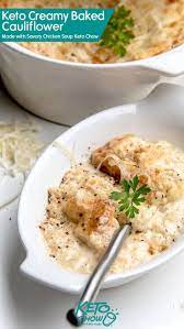 Creamy Keto Baked Cauliflower Cheese Ketochow Recipe Baked Cauliflower Heart Healthy Recipes Low Sodium Chicken Soup Recipes