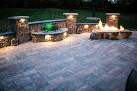 Paver Patio Fire Pit Water Feature Hardscape Wall Lighting Back Yard Living Area Water Features Paver Patio Hardscape