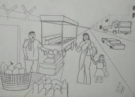 How to draw a scenery: Road Side Fruit Seller And His Customers Drawing Design