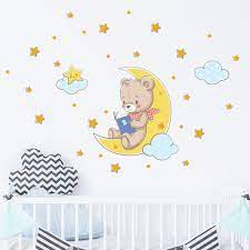 sticker ourson sur la lune avec son livre 100 etoiles stickers enfant ourson stickers muraux enfant