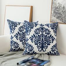 Embroidered Navy Blue Cotton Cushion Cover In 2020 Embroidered Cushions Patterned Throw Pillows Decorative Pillow Cases