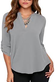 Dokotoo Womens Casual Chiffon Ladies V Neck Cuffed Sleeve Blouse Tops Small Gray Gray Us4 6 S