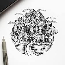 Black And White Road Drawing The Road To The Top Of The Mountain Mountain Tree Clouds Nature Mountain Drawing Ink Illustrations Mountain Illustration