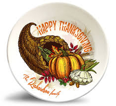 Service for 4 four 10.9 (27.7 cm) dinner plates four 8.6 (21.8 cm) salad plates four 6.4 (16.3 cm) bowls four 14 oz mugs porcelain dinnerware set is microwave and oven safe to 450 degrees dishwasher safe for easy cleanup 100% porcelain Happy Thanksgiving Name Plate Cornucopia