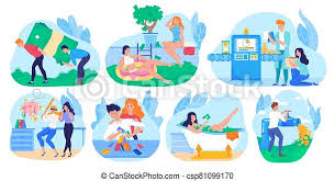 This story tells the history of where money come from. Rich People Bathing In Money Millionaire Cartoon Character Set Of Funny Concepts Vector Illustration Young Man And Woman Canstock