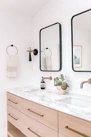 White Oak Double Vanity With Under Mount Sinks Wall Mounted Brass Faucets Black Rectangula Master Bathroom Renovation Double Vanity Bathroom Black Bathroom